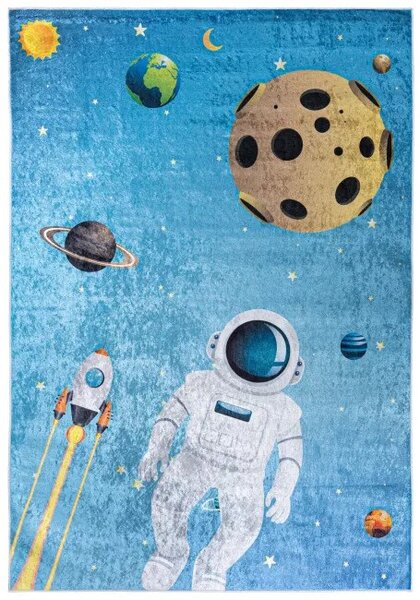 Makro Abra Dětský kusový koberec vhodný k praní BAMBINO 2697 Kosmonaut Vesmír Raketa protiskluzový modrý Rozměr: 80x150 cm