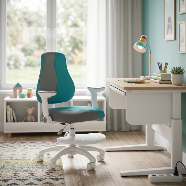 Dětská rostoucí židle Neoseat KINDER WHITE PLUS — látka, šedá / tyrkysová