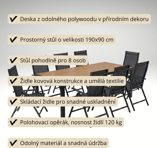 Vikio Zahradní set 190x90 pro 8 osob přírodní V138-190P2