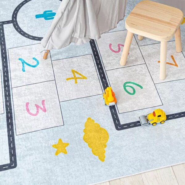Makro Abra Dětský kusový koberec vhodný k praní BAMBINO 2168 Cesta Skakací panák protiskluzový krémový modrý Rozměr: 80x150 cm