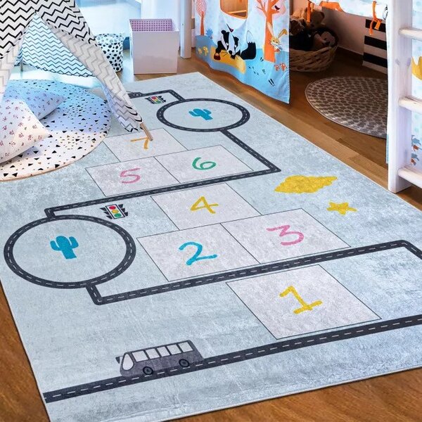 Makro Abra Dětský kusový koberec vhodný k praní BAMBINO 2168 Cesta Skakací panák protiskluzový krémový modrý Rozměr: 80x150 cm