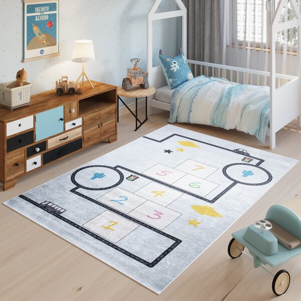 Makro Abra Dětský kusový koberec vhodný k praní BAMBINO 2168 Cesta Skakací panák protiskluzový krémový modrý Rozměr: 80x150 cm