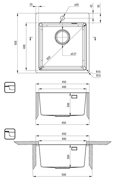 Deante Olfato, 1-komorový nerezový drez 450x505x200mm, brúsená zlatá, DEA-ZPO_R10A