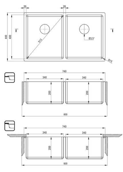 Deante Steel sink, 2-bowl, undermount