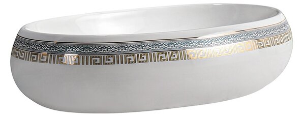 BPS-koupelny Keramické umyvadlo na desku HYD-CI-WH-MOD2-600 60x40,5 cm, bílé/zlato-stříbrný dekor