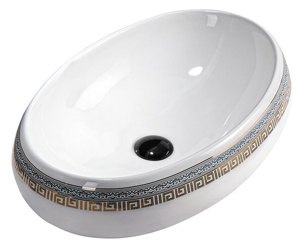 BPS-koupelny Keramické umyvadlo na desku HYD-CI-WH-MOD2-600 60x40,5 cm, bílé/zlato-stříbrný dekor