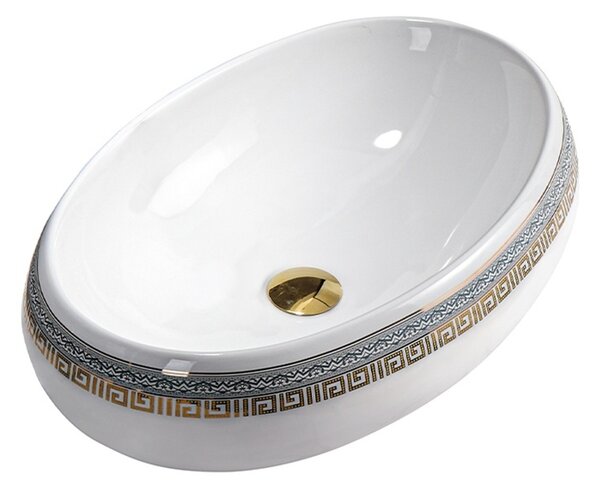 BPS-koupelny Keramické umyvadlo na desku HYD-CI-WH-MOD2-600 60x40,5 cm, bílé/zlato-stříbrný dekor