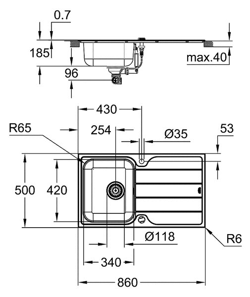 GROHE K500 - Dřez z nerezové oceli s odtokem, nerez ocel, kartáčovaná 31571SD1