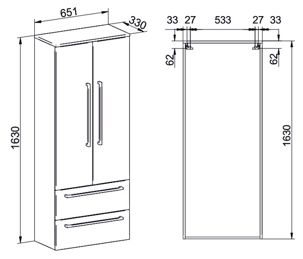 Mereo Mereo, Bino, koupelnová skříňka vysoká, dvojitá 163 cm, bílá, bíla/dub, CN669