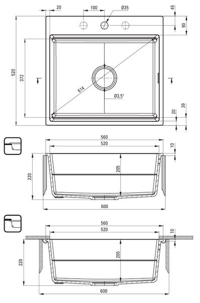 Deante Magnetic, 1-komorový granitový dřez 560x520x220mm, černá matná, DEA-ZRM_N10A