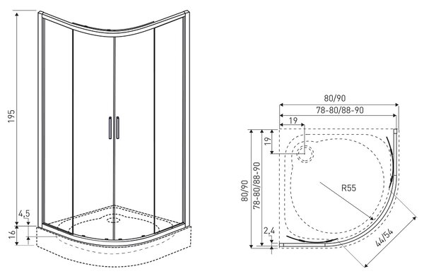 Novoterm Čtvrtkruhový sprchový kout NV-Solid RS BL 80, černý/transparent - bez vaničky