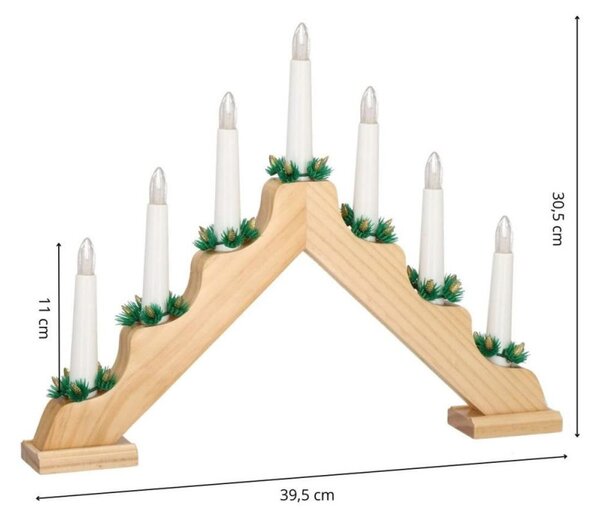 LED vánoční svícen - 7 svíček, 30cm, 2xAA, dřevěný