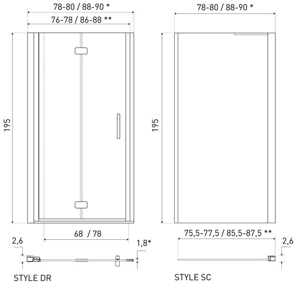 Novoterm Zalamovací otočné sprchové dveře NV-Style DR CHR 80, chrom/transparent - bez vaničky