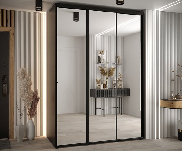 Šatní skříň s posuvnými zrcadlovými dveřmi DAVOS 170cm | Černá / černé pojezdy
