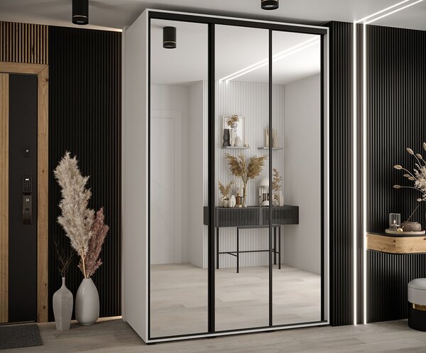 Šatní skříň s posuvnými zrcadlovými dveřmi DAVOS 160cm | Bílá / černé pojezdy