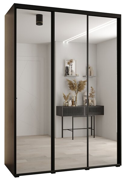 Šatní skříň s posuvnými zrcadlovými dveřmi DAVOS 170cm | Černá / černé pojezdy