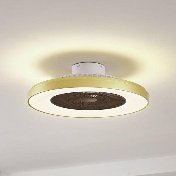 Lindby LED stropní ventilátor Teleo, mosaz, DC, tichý, Tuya, stmívatelný, Mosaz / zlato, Obývací pokoj / jídelna, Plast, Moderní