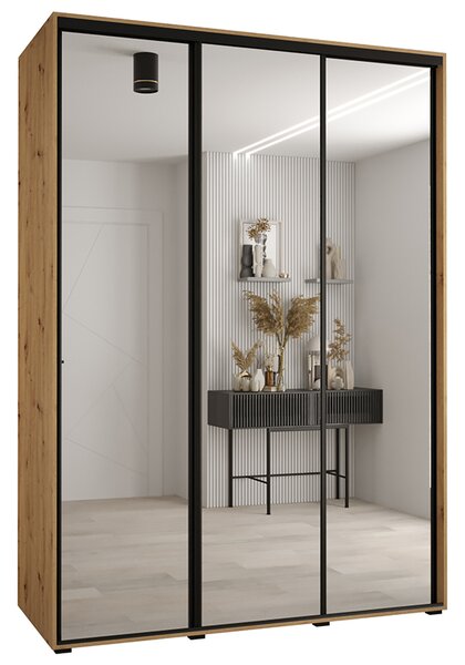Šatní skříň s posuvnými zrcadlovými dveřmi DAVOS 170cm | DUB Artisan / černé pojezdy