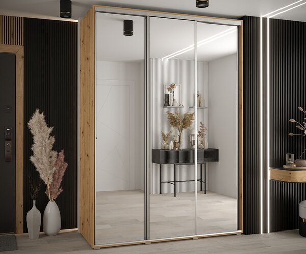 Šatní skříň s posuvnými zrcadlovými dveřmi DAVOS 170cm | DUB Artisan / stříbrné pojezdy