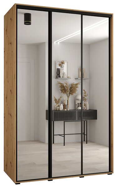Šatní skříň s posuvnými zrcadlovými dveřmi DAVOS 160cm | DUB Artisan / černé pojezdy