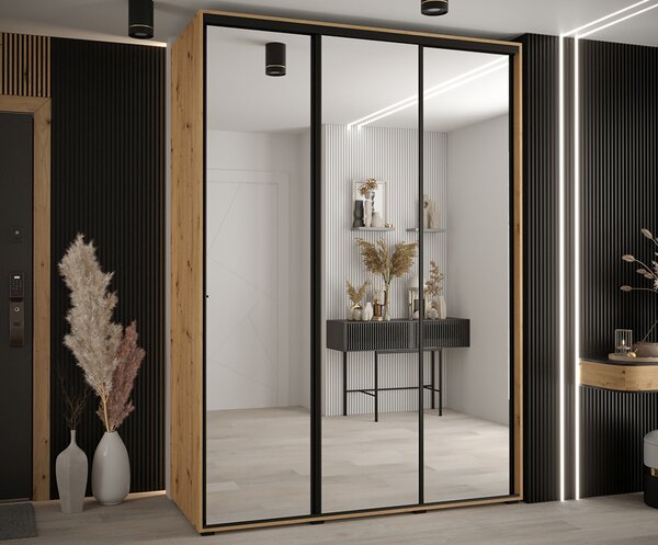 Šatní skříň s posuvnými zrcadlovými dveřmi DAVOS 170cm | DUB Artisan / černé pojezdy