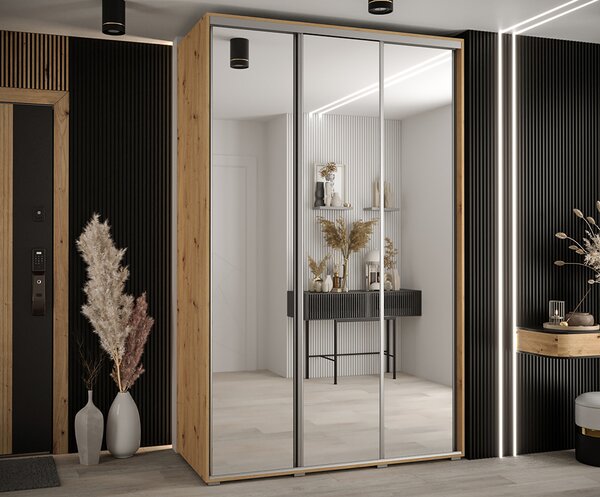 Šatní skříň s posuvnými zrcadlovými dveřmi DAVOS 160cm | DUB Artisan / stříbrné pojezdy
