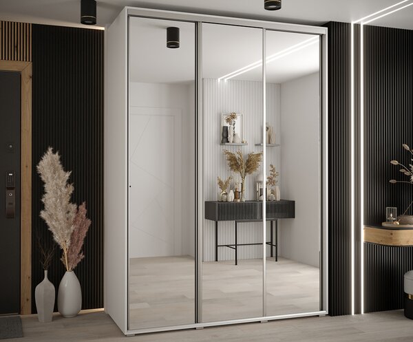 Šatní skříň s posuvnými zrcadlovými dveřmi DAVOS 170cm | Bílá / stříbrné pojezdy