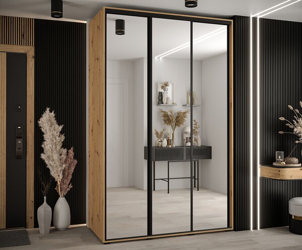 Šatní skříň s posuvnými zrcadlovými dveřmi DAVOS 160cm | DUB Artisan / černé pojezdy