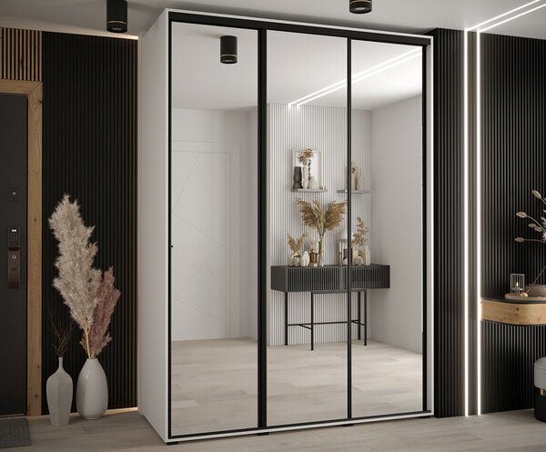 Šatní skříň s posuvnými zrcadlovými dveřmi DAVOS 170cm | Bílá / černé pojezdy