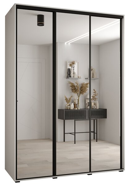 Šatní skříň s posuvnými zrcadlovými dveřmi DAVOS 170cm | Bílá / černé pojezdy