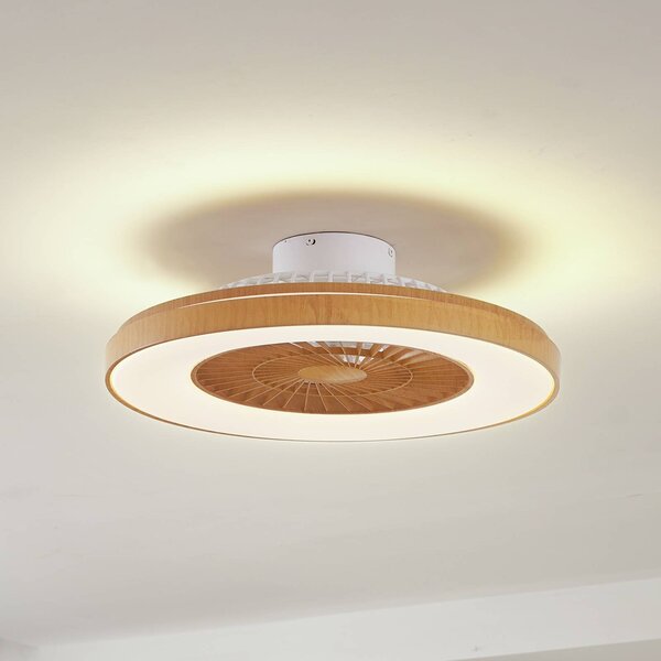 Lindby LED stropní ventilátor Teleo, Ø 58 cm, barva dřeva,, stmívatelný, Světlé dřevo, Obývací pokoj / jídelna, Plast, Moderní