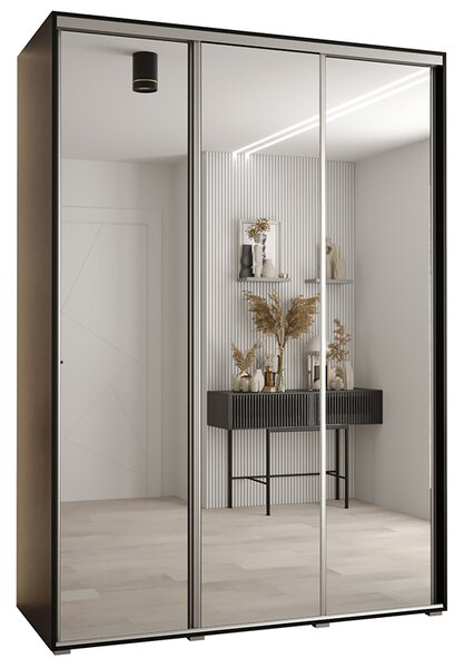 Šatní skříň s posuvnými zrcadlovými dveřmi DAVOS 170cm | Černá / stříbrné pojezdy