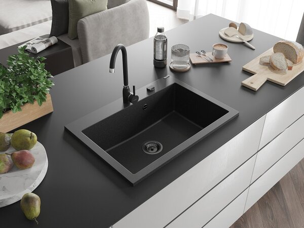 Mexen Elix, 1korový granitový dřez 700 x 500 mm, černá/stříbrná metalíza, černý sifon, 6526701005-73-B