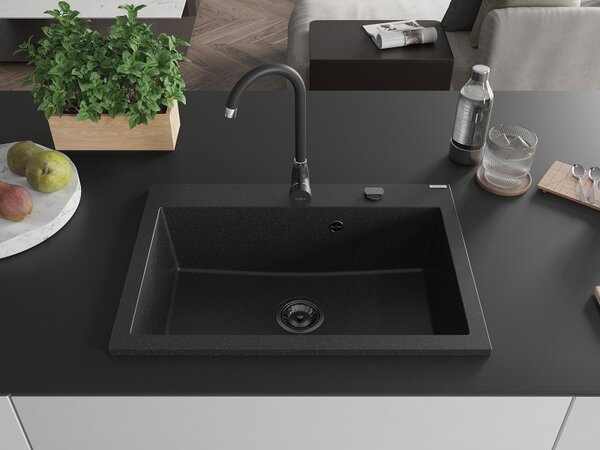 Mexen Elix, 1korový granitový dřez 700 x 500 mm, černá/stříbrná metalíza, černý sifon, 6526701005-73-B