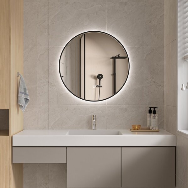 Erga Emma, ​​kulaté LED zrcadlo 50cm, černý kovový rám, 1150 lm, 6500K, zadní osvětlení, ERG-V01-201-5050-BK