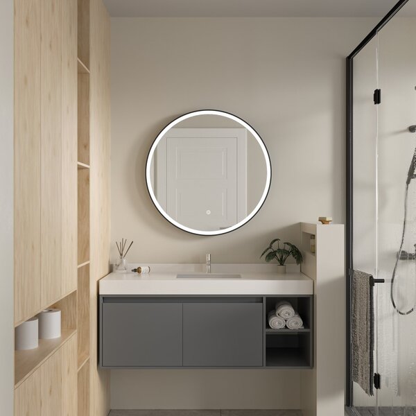 Erga Olivia, kulaté LED zrcadlo 80cm, černý kovový rám, 1840 lm, 6500K, ERG-V01-202-8080-BK