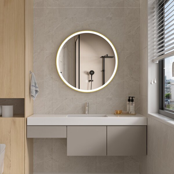 Erga Olivia, kulaté LED zrcadlo 70cm, zlatý kovový rám, 1610 lm, 6500K, ERG-V01-202-7070-GD