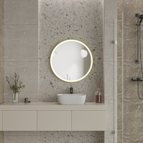 Erga Olivia, kulaté LED zrcadlo 70cm, zlatý kovový rám, 1610 lm, 6500K, ERG-V01-202-7070-GD