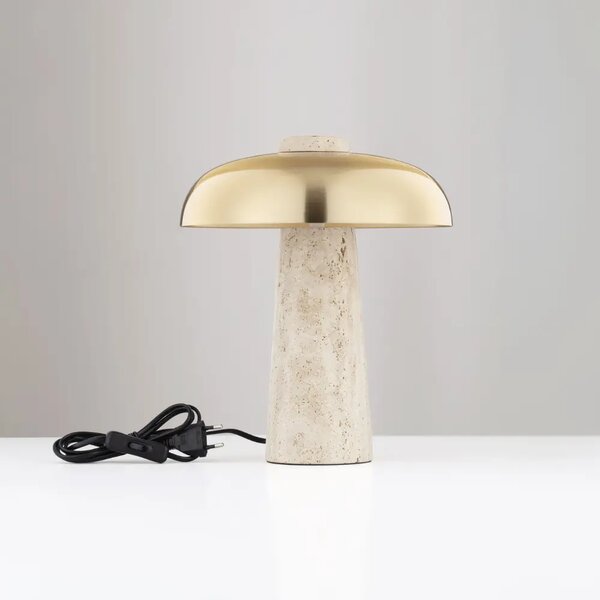 Nova Luce Zlatá kovová stolní lampa Lento s travertinovou podstavou