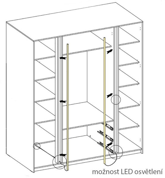 Šatní skříň KAJA 2LU 2F 3S | 200 cm | se zrcadly | VYSOKÁ | černá/evoke