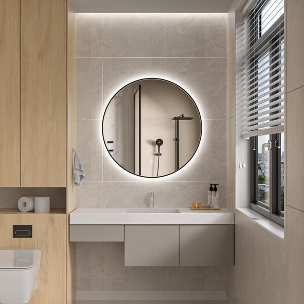 Erga Emma, ​​kulaté LED zrcadlo 80cm, černý kovový rám, 1840 lm, 6500K, zadní osvětlení, ERG-V01-201-8080-BK