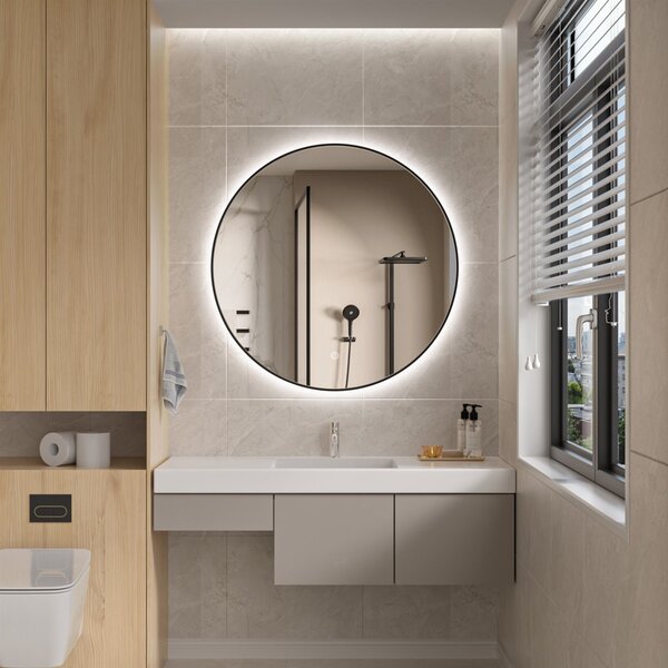 Erga Emma, ​​kulaté LED zrcadlo 90cm, černý kovový rám, 2070 lm, 6500K, zadní osvětlení, ERG-V01-201-9090-BK