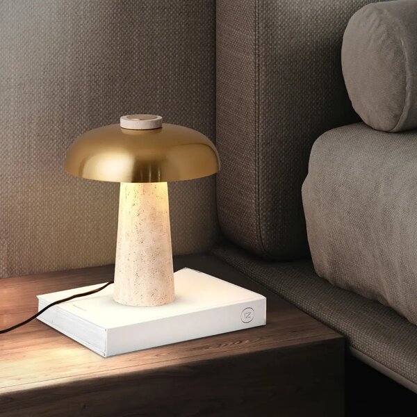 Nova Luce Zlatá kovová stolní lampa Lento s travertinovou podstavou
