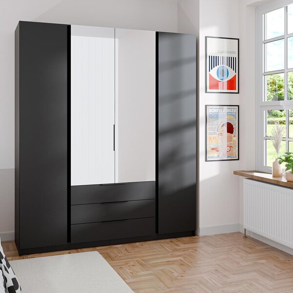 Šatní skříň KAJA 2F 2LU 3S | 200 cm | se zrcadly | VYSOKÁ | černá