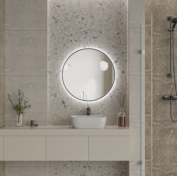 Erga Emma, ​​kulaté LED zrcadlo 70cm, černý kovový rám, 1610 lm, 6500K, zadní osvětlení, ERG-V01-201-7070-BK