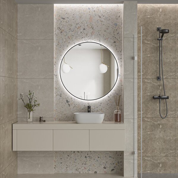 Erga Emma, ​​kulaté LED zrcadlo 90cm, černý kovový rám, 2070 lm, 6500K, zadní osvětlení, ERG-V01-201-9090-BK