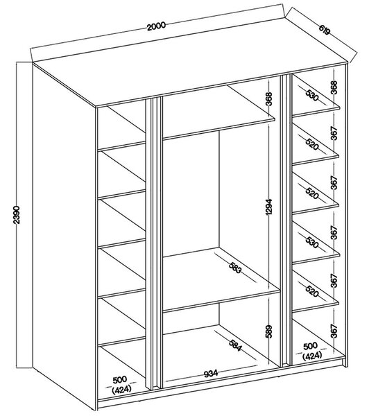 Šatní skříň KAJA 2LU 2F 3S | 200 cm | se zrcadly | VYSOKÁ | černá/evoke