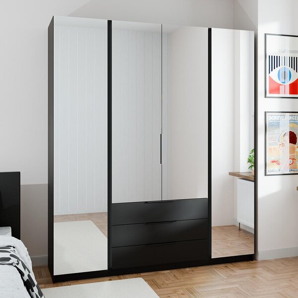 Šatní skříň KAJA 4LU 3S | 200 cm | se zrcadly | VYSOKÁ | černá