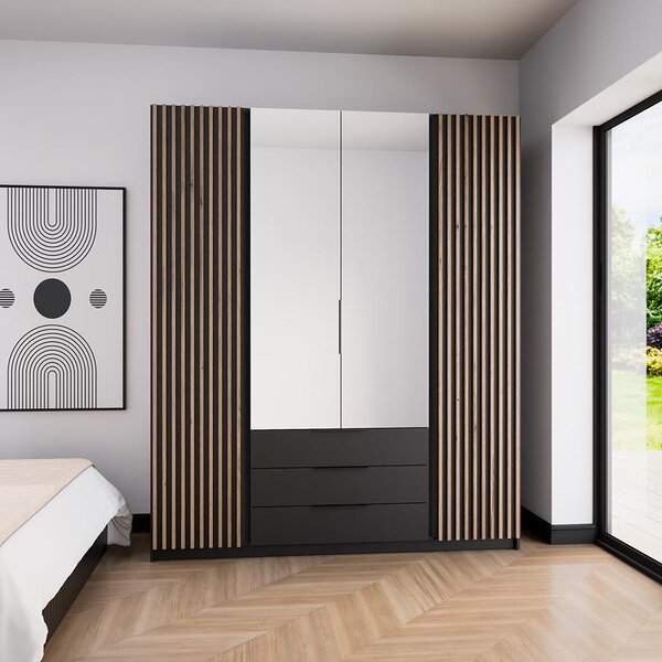 Šatní skříň KAJA 2LAM 2LU 3S | 200 cm | se zrcadly | VYSOKÁ | černá + lamely