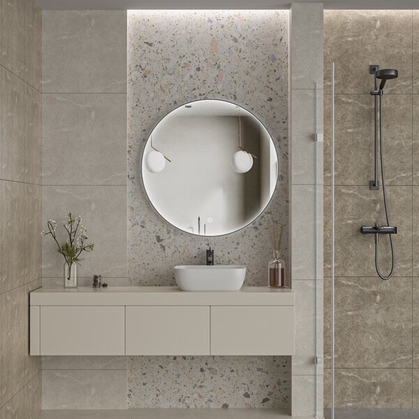Erga Charlotte, kulaté LED zrcadlo 90cm, černý kovový rám, 2070 lm, 6500K, přední boční osvětlení, ERG-V01-204-9090-BK